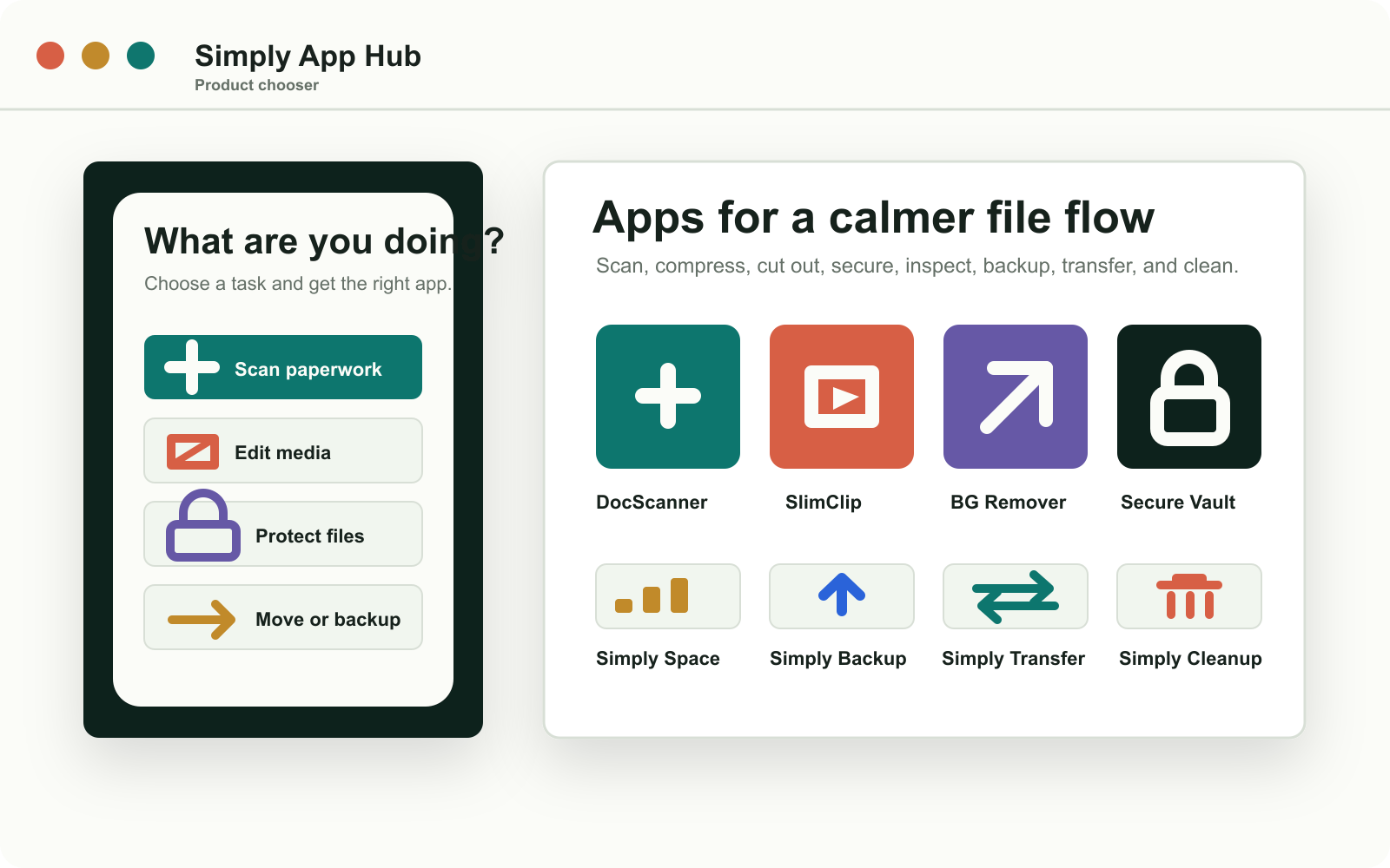 Simply AppHub tablet dashboard showing product workflows